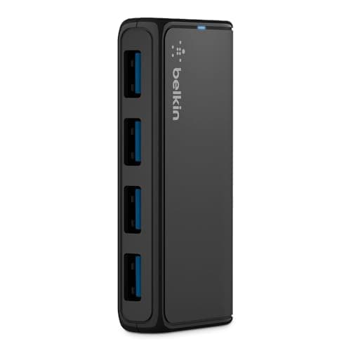 Belkin 4-Port USB 3.0 Hub – SuperSpeed Powered Station with 5 Gbps Data & Charging, Compact Desktop Adapter for Laptops, iPhone Chargers, Printers, Storage Devices – Black