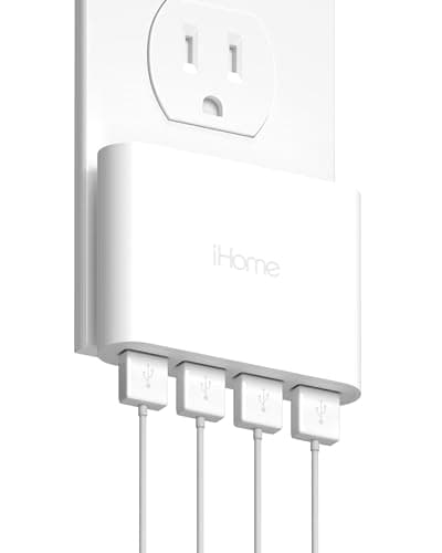 iHome Slim 4-Port USB Wall Charger, AC Pro Multiport Plug Adapter, Phone Charging Block with 4 Ports, Flat USB Wall Adapter for Home & Travel