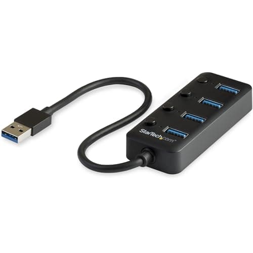 StarTech.com 4 Port USB 3.0 Hub - USB-A to 4x USB 3.0 Type-A with Individual On/Off Port Switches - SuperSpeed 5Gbps USB 3.1/3.2 Gen 1 - USB Bus Powered - Portable - 9.8' Attached Cable (HB30A4AIB)