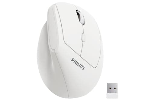 Philips Ergonomic Mouse - Vertical Mouse with 800/1200/1600 Adjustable DPI, 6 Silent Buttons, Auto Power Saving,Light Weight,2.4GHz Wireless Mouse for Laptop,Desktop, PC- White