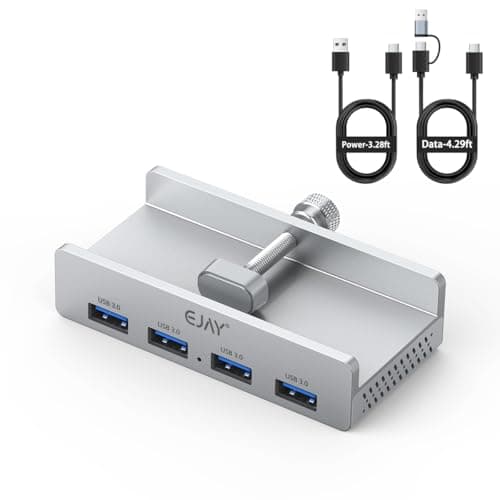 EJAY USB 3.0 Hub with Adjustable Clamp, 4-Port Powered Hub for iMac, PC, Laptop(59inches Data & 39inches Power Cables)