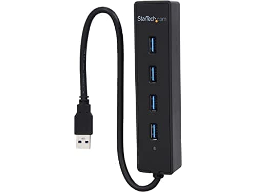 StarTech.com 4-Port USB 3.0 Hub with Built-in Cable - SuperSpeed Laptop USB Hub - Portable USB Splitter - Mini USB Hub (ST4300PBU3), Black