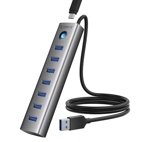 ORICO 7-Port USB 3.0 Hub, Aluminum USB Multiple Adapter, 5Gbps USB Extender USB Splitter with 3.28Ft Cable, UBS-A Hub Long Cable for Desktop, PC, Flash Drive, Mobile HDD, Windows/XPS