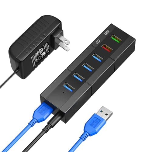 Powered USB 3.0 Hub, RAOYI 6 Ports High Speed USB 3.0 Hub Splitter with 24W Power Adapter, 3.3ft Cable and Smart Fast Charger USB Hub for Laptop, PC, Mac, Mobile HDD, Mulitple Devices (Black)