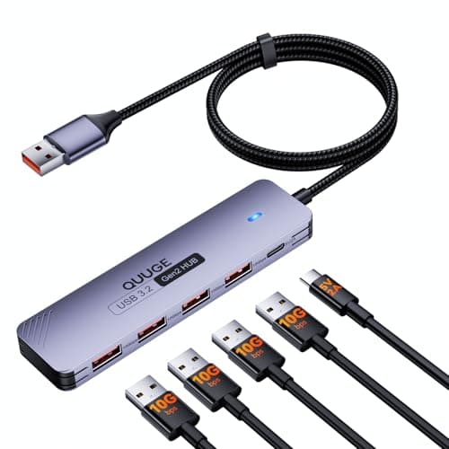 USB 3.2 Gen2 Hub, QUUGE 5-in-1 USB Splitter with 4 USB-A 10Gbps Ports, USB Multiport Adapter with 120cm Nylon Cable, 5V 2A Type-C Power Port for MacBook, Mac Pro, iMac, Laptop, PC, Flash Drive, HDD