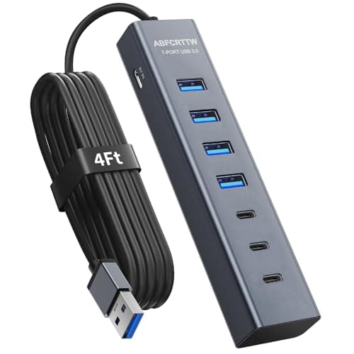 4Ft 7-Port USB Hub 3.0 for Desktop, 4 USB-A & 3 USB-C Ports Aluminium 5Gbps USB Extender Hub, USB Splitter, USB Hub Long Cable for Desktop, PC, Flash Drive, Mobile HDD SSD, Windows/XPS