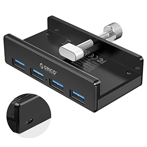 ORICO USB 3.0 Hub, USB Hub Clamp, Aluminum 4-Port USB Splitter with Extra Power Supply Port and 4.92 FT USB Data Cable, Desktop Powered USB Hub for Monitors/Desks-Black (Without Power Adapter)