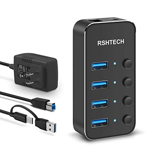 RSHTECH 4 Port Powered USB 3.0/USB C Hub Upgraded Version with 2-in-1 3.3ft USB Cable,5V Power Adapter and Individual Switches, Portable Aluminum USB Splitter for Laptop and PC, RSH-ST04