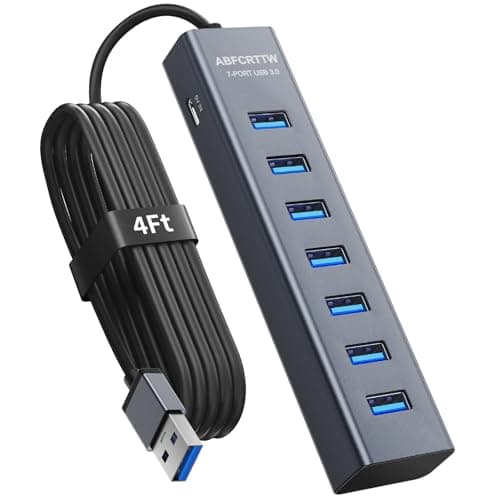 4Ft 7-Port USB 3.0 Hub for Desktop - Aluminium USB Extender Hub 5Gbps, USB Multiport Adapter, USB Splitter, USB Hub Long Cable for Desktop, PC, Flash Drive, Mobile HDD, Windows/XPS, 1.2m