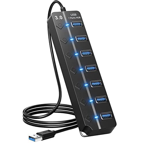 USB Hub 3.0, 7-Port USB Hub Splitter with Individual On/Off Switches and Lights, 3.2ft/1m Long Cable Compatible with MacBook, Laptop, Surface Pro, PS4, PC, Flash Drive, Mobile HDD