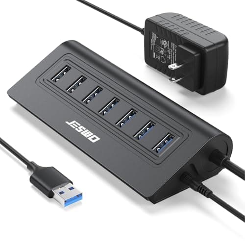 Powered USB Hub, JESWO 7-Port USB 3.0 Hub, Aluminum USB Data Hub with 3.3ft Cable, USB Hub 3.0 Powered with 20W Power Adapter for MacBook, Mac Pro/mini, iMac, XPS, PC, USB-Flash Drives, etc. (Black)