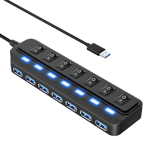 USB Hub 7 Port,USB 3.0 Hub Splitter with Individual On/Off LED Switches, USB Hub for PC, 5Gbps HighSpeed Data for Laptop, Mac, PC, Desktop, PS5, Xbox and More