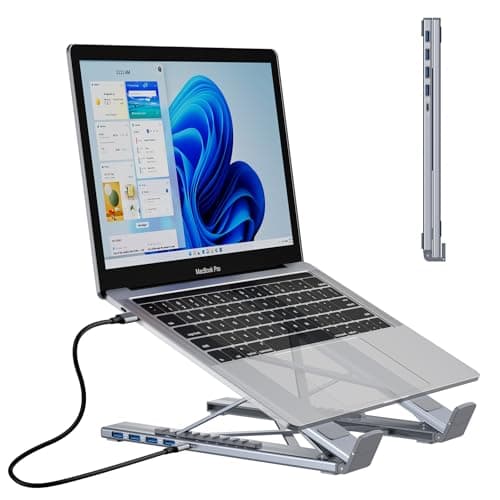 M61 USB C to USB Hub Portable Laptop Stand, Aluminum 4 Ports USB3.0 Multiport Adapter Adjustable Laptop Docking Station Stand Compatible with MacBook Pro/Air, Chromebook, Keyboard, Mouse, HDD