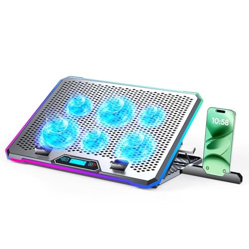Aluminum Alloy RGB Gaming Laptop Cooler with 6 Fans and LCD Screen - 10 RGB Modes Memory Function, 4 USB Ports 3.0 and 2.0 Hub, 9 Height Adjustable for 10 to 21 Inch Laptops on Desk or Lap