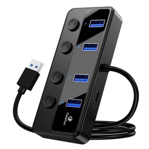 Qeefun 4-Port USB 3.0 Hub, Individual LED Power Switches, 5Gbps Data Transfer USB Splitter with 2ft Extension Cable, Multiple USB Extender for Laptop, PC, iMac, USB Flash Drives and More