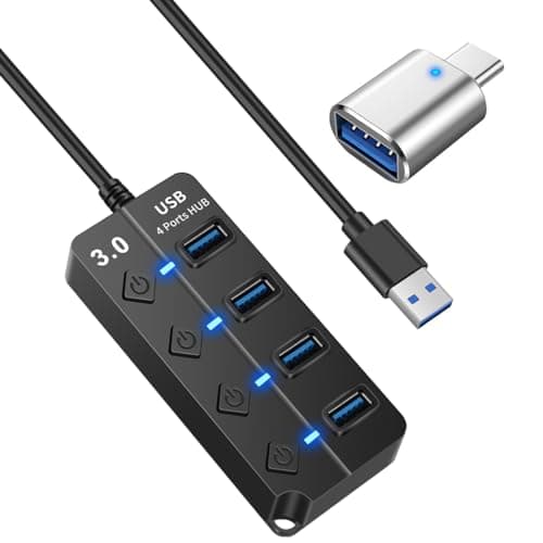 USB Hub - 3.0, 4-Port USB Station Hub with Individual Switches - Expander Hub for Laptop/MacBook, Flash Drives, Mobile HDD, Printer