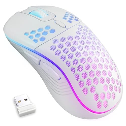 MELOGAGA Wireless Gaming Mouse Honeycomb 2.4G USB Cordless Mouse RGB Rechargeable PC Game Mice with 7-Color LED Lights，4 Adjustable DPI for Windows Laptop Desktop Computers -White