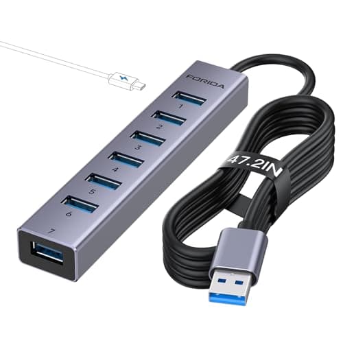 FORIDA Aluminum Alloy 8 Port USB Hub Long Cable USB Splitter with 7-USB3.0 Data Ports and TypeC 5V/3A Power Port Compatible with MacBook, Laptop,Surface Pro, PS5, PC and More (Gray, USB A-47in)