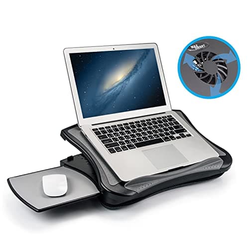 Laptop Lap Pad Laptop Stand with Attached Mouse Pad, Cushion and USB Cooling Fan, Non-Slip Heat Shield Tablet Computer Stand for Sturdy Work Station for Home, Office, Bed Sofa, Couch and Car