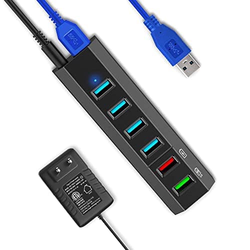 USB Hub, Aiibe 6 Ports Super High Speed USB 3.0 Hub Splitter + 24W Power Adapter + USB 3.0 Cable, Black Smart Fast Charger Powered USB Hub for Laptop, Mac, PC, Mobile HDD, Mulitple Devices