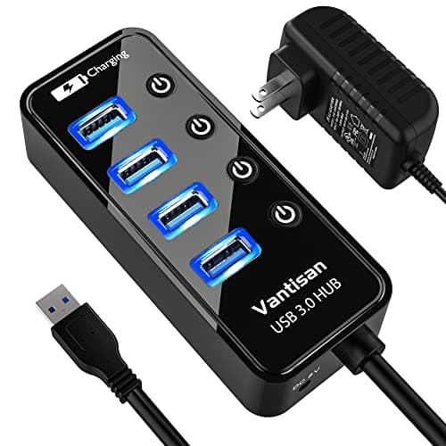 Powered USB 3.0 Hub, USB Extension 4-Port USB Hub Splitter (4 USB 3.0 Data Ports+1 Smart Charging Port) with 5V/3A Powered Adapter and Individual ON/Off Switches