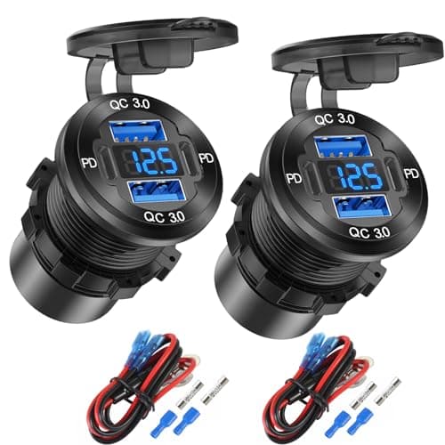 2 Pack 4 Port 12V USB Outlet Aluminum Charger, 78W Dual PD & QC Multiple USB Port for Car, USB C Cigarette Lighter Replacement 12 Volt Socket with Voltmeter Waterproof for Marine Boat Motorcycle RV