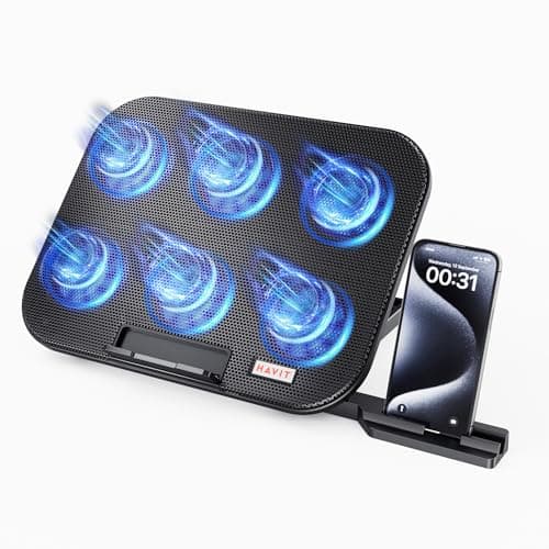 HAVIT Laptop Cooling Pad with 6 Quiet Fans and Adjustable Heights for 12-14.1 Inch Laptops, Dual USB Ports, Phone Holder, Efficient Cooling Stand for Heat Dissipation