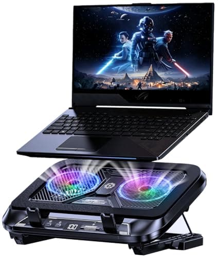 Laptop Cooling Pad with Dual Core Cooler, Gaming Laptop Cooler with 5.5in 2 Powerful Turbofan(9500 RPM), Fast Cooling Laptop 12-21in, 5 Height Stands, 100 Gear Speed, LCD Screen, RGB, Phone Holder
