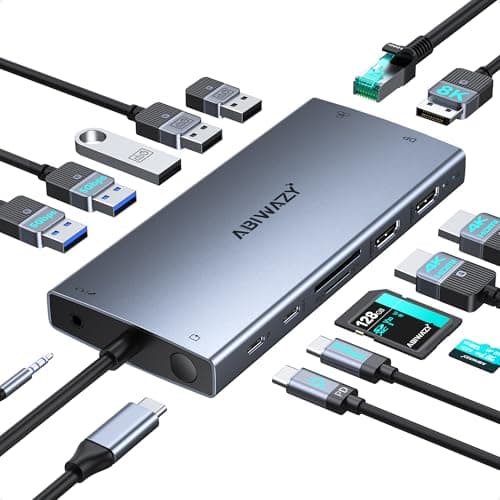 USB C Laptop Docking Station Dual Monitor, ABIWAZY 15 in 1 USB C Hub Triple Display with 8K DisplayPort, 2 HDMI 4K, 6 USB A/C Ports, 100W PD, Ethernet, Audio, SD/MicroSD for Dell/HP/Lenovo