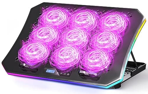 KeiBn Laptop Cooling Pad, Gaming Laptop Fan Cooling Pad with 9 Quiet Fans, RGB Laptop Cooler for 15.6-17.3 Inch, Cooling Pad for Laptop with 7 Height Stands, 2 USB Ports, Phone Stand-Purple